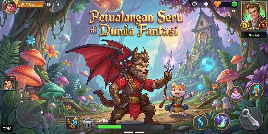 Tampilan gameplay API66 dengan karakter yang menjelajahi dunia fantasi.