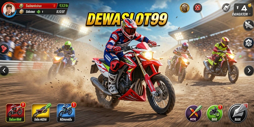 Gameplay seru di DEWASLOT99 dengan motor balap cepat.