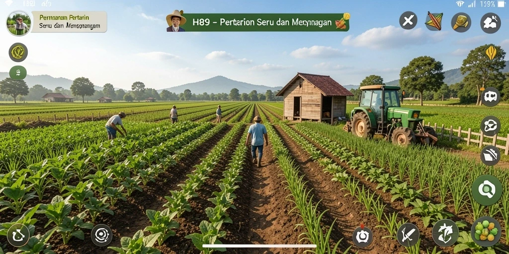 Screenshot H89 menampilkan kebun yang ramai dengan tanaman dan hewan ternak.