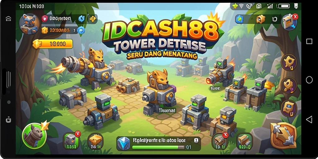 Tangkapan layar IDCASH88 menunjukkan aksi seru dalam Tower Defense.