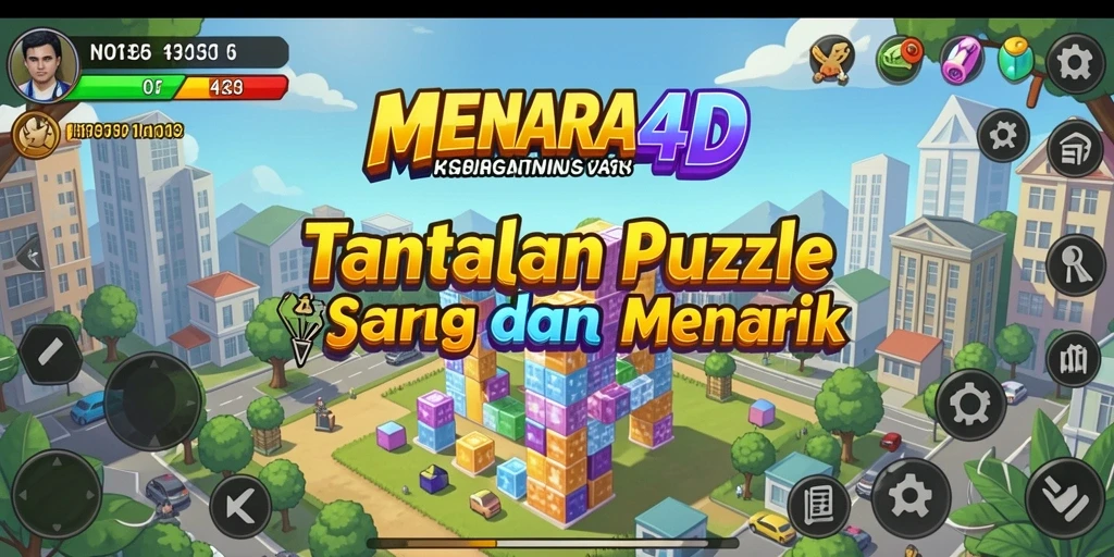 Tampilan gameplay MENARA4D dengan blok-blok menara yang penuh warna.