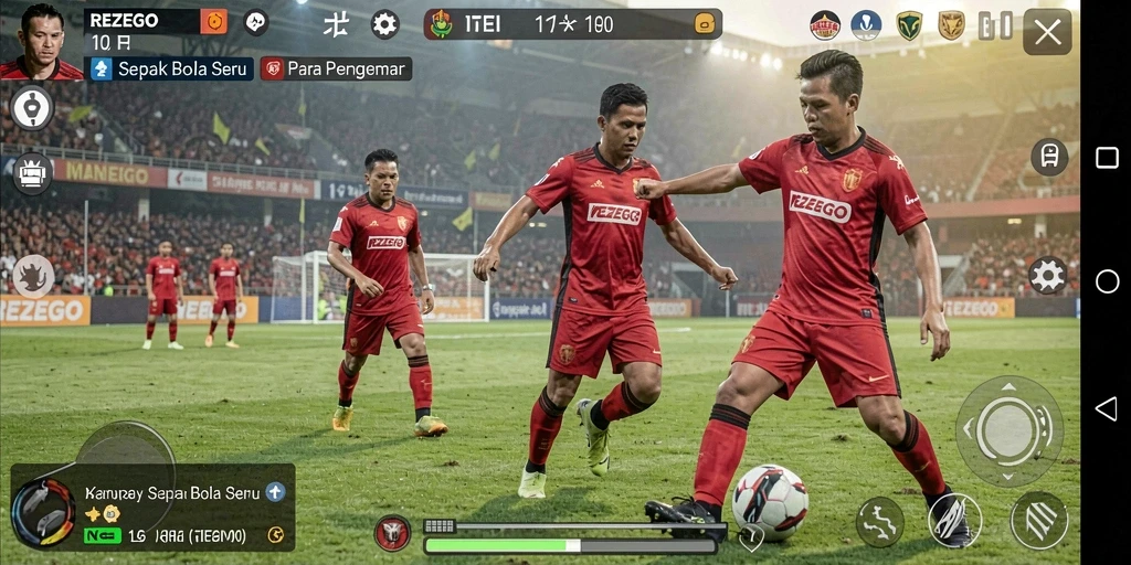Screenshot gameplay REZEGO menampilkan aksi pemain di lapangan sepak bola.