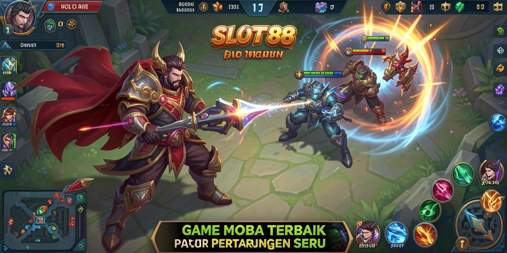 Screenshot SLOT88 menampilkan pertarungan seru dalam game MOBA.