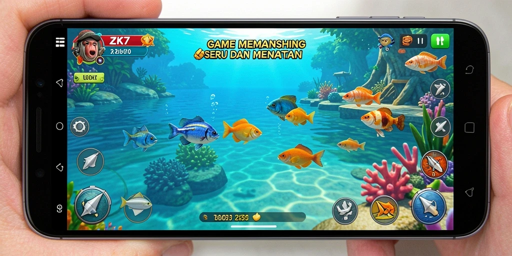 Screenshot gameplay ZK7 yang menampilkan aksi memancing seru.